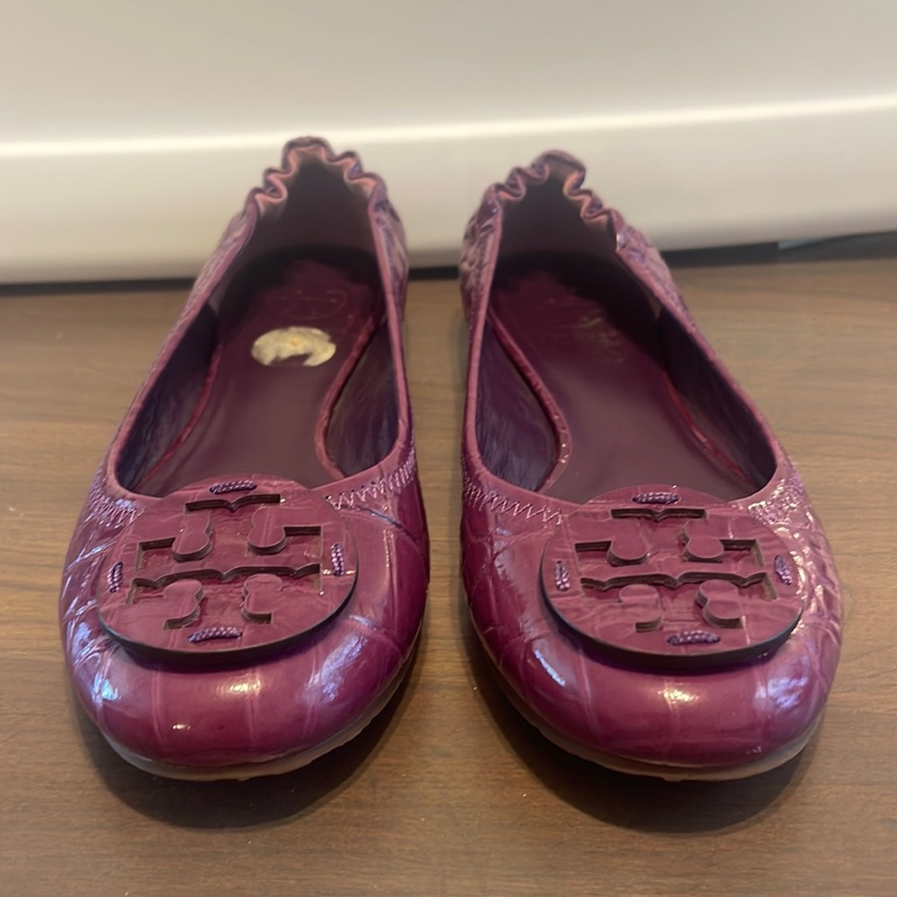 Tory Burch embossed purple patent leather ballet flats